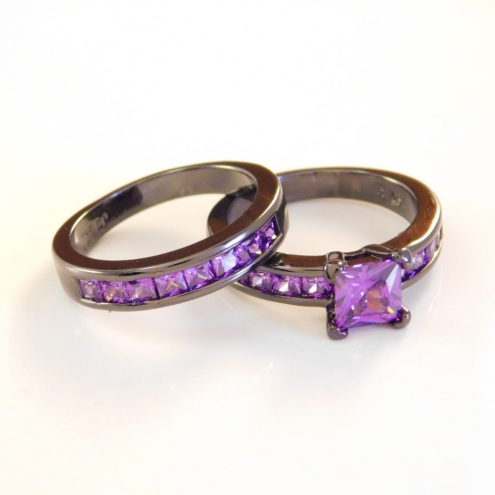 Black Gunmetal and Amethyst Ring Set